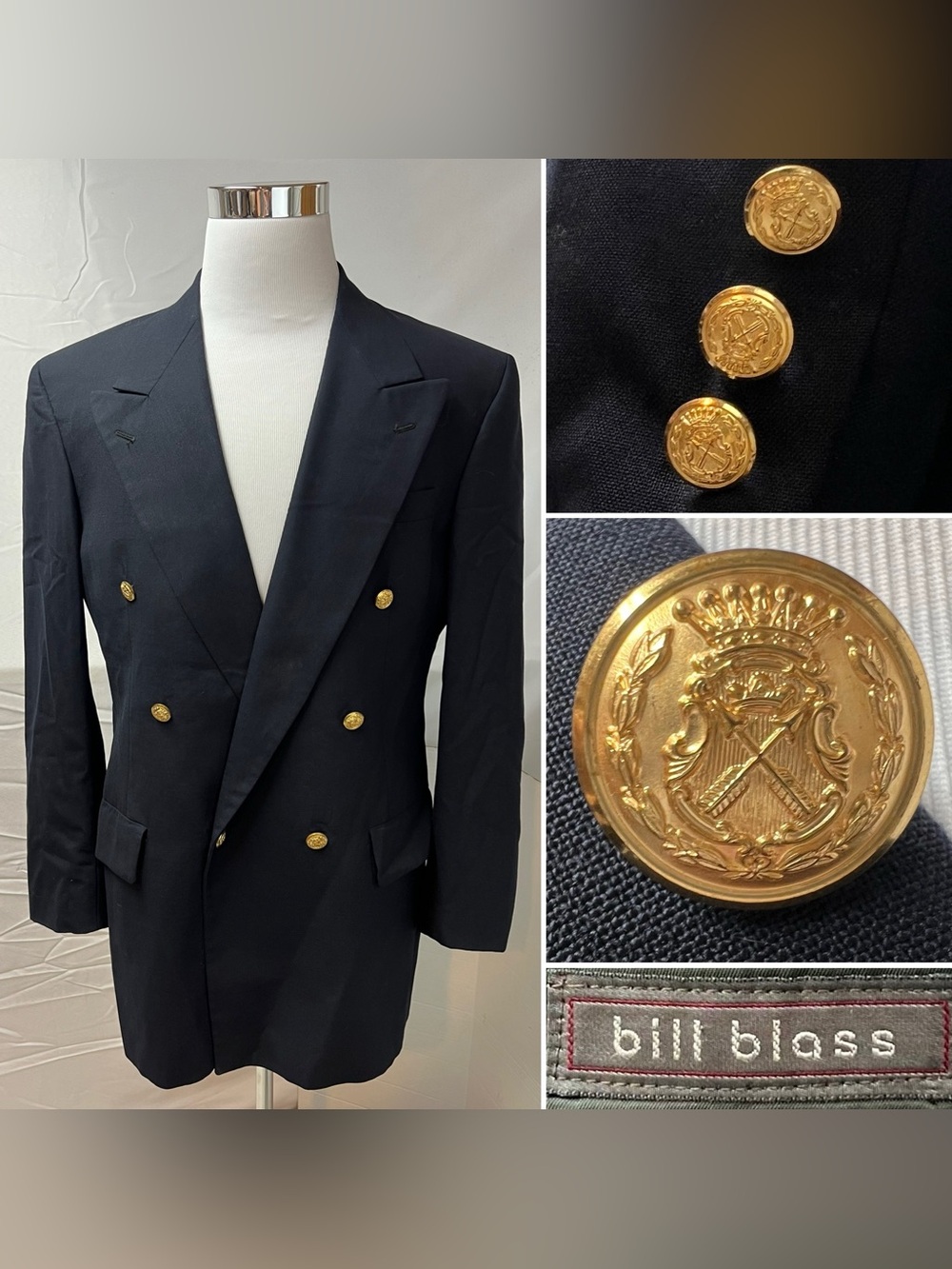 Bill Blass Vintage Men's 42R Navy Blue Gold Button Double Breasted Blazer Jacket